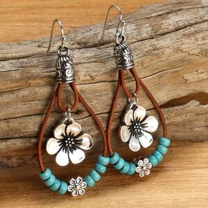 Bohemian, Blossom Pendant, Turquoise Color Beads, Double Layer Dangle Earrings
